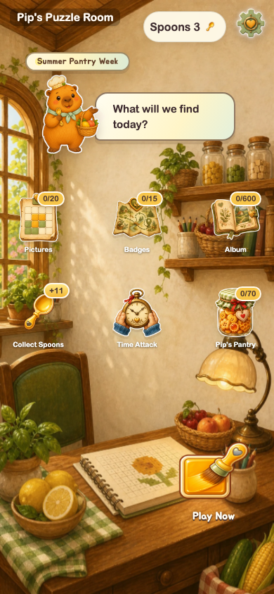 Pip's cozy Puzzle Room home screen