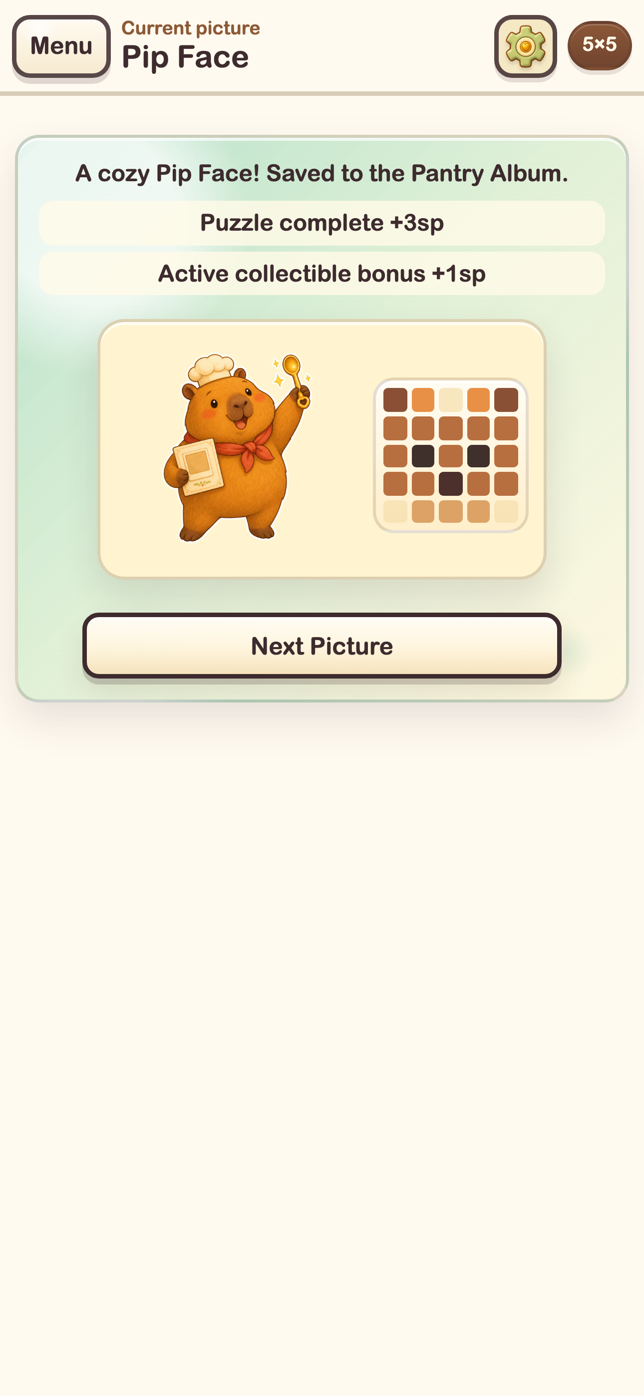 A completed puzzle revealing a Pip picture card and spoon reward